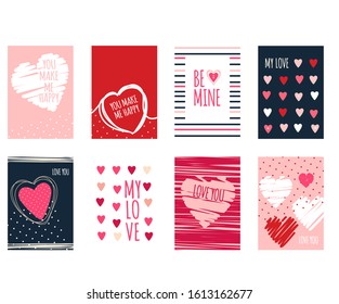 Be my Valentine. Set of Valentine's day banner, background, flyer, placard with hearts. Holiday poster, vector template card, sticker for greeting, decoration, congratulation, invitation. EPS8