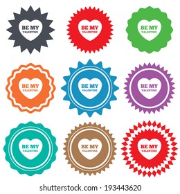 Be my Valentine sign icon. Heart Love symbol. Stars stickers. Certificate emblem labels. Vector