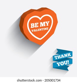 Be my Valentine sign icon. Heart Love symbol. White icon on orange 3D piece of wall. Carved in stone with long flat shadow. Vector