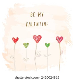 Sei meine Valentinquadrat-Grußkarte. Aquarellfarbene Vektorgrafik. Glückliches Valentinstag-Postkartenkonzept. Abstrakter rosafarbener Hintergrund. Handgezeichnete Herzen. Wünschen Sie ein Kartendesign. Set von Symbolen.