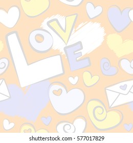 Be my Valentine stylized sketch with letter and hearts in gray, beige and white colors. Seamless doodles and curls. Happy Valentines day sketch. Weeding vector seamless pattern.