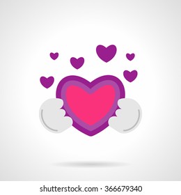 Be my Valentine symbol. White abstract hands hold big pink heart and small heart around. Valentines Day series. Bright pink and purple flat vector icon. Single design element for web site, app.