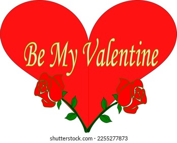 Sé mi texto de San Valentín en un corazón rojo y una rosa roja a cada lado