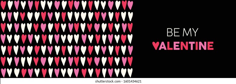Be My Valentine Text Rectangular Horizontal Banner with Hand-Drawn Pink and Read Hearts on the Left on Black Background. Cute Girly Feminine Romantic Print