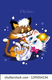 Be My Valentine Two Cute Cats Cuddling On Blue Background