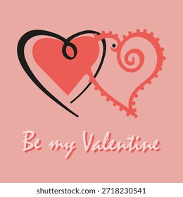Sé mi San Valentín. Dos corazones entrelazados de diferentes Formas sobre un fondo desnudo. Antiguas. Para una tarjeta de San Valentín, boda, confesión de amor, cumpleaños, día de la madre, aniversario, saludos.