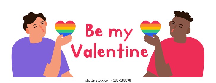 be my valentine two men holding colorful hearts lgbt gay couple happy valentine's day vector illustration