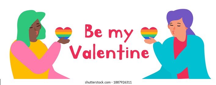 be my valentine two women holding colorful hearts lgbt lesbian couple happy valentine's day vector illustration