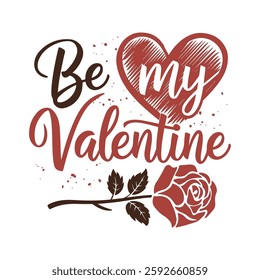 Be my Valentine typography design, heart with rose vintage t-shirt design vector