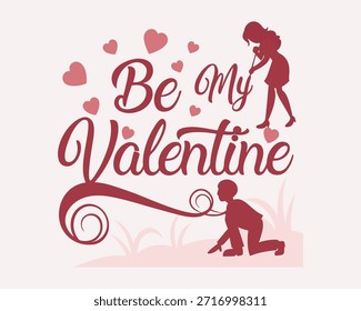 Be My Valentine Typography Design with Romantic Couple Silhouette and Hearts