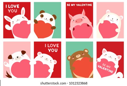 Be my Valentine. Valentine's day banner, background, flyer, placard with cute animals. Holiday poster for scrapbooking. Vector template card for greeting, decoration, congratulation, invitation. EPS8