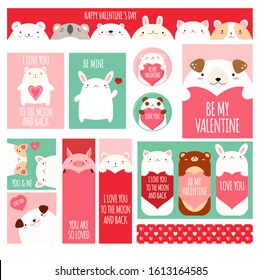 Be My Valentine. Valentine's Day Banner, Flyer, Placard, Gift Tag, Card, Badge, Sticker With Cute Animals. Holiday Poster, Vector Template Set For Greeting, Decoration, Congratulation, Invitation