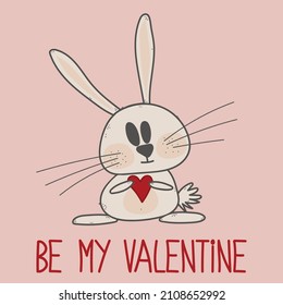 Be my Valentine. Valentine's day banner, background, flyer with cute rabbit holding heart. Vector template card for greeting, decoration, romantic, invitation. 