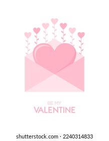 Be my Valentine - Valentines day greeting card. Pink envelope with big heart inside and hearts on stems on a white background. Flat vector illustration