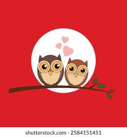 Be My Valentine, Valentine's Day card with cute flat owls. Vector illustration.