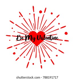 Be My Valentine Valentine's Day trendy vector text vintage with heart decoration on red burst background