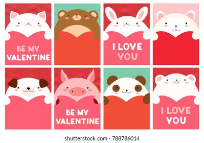 Be My Valentine. Valentine's Day Banner, Background, Flyer, Placard With Cute Animals. Holiday Poster For Scrapbooking. Vector Template Card For Greeting, Decoration, Congratulation, Invitation. EPS8