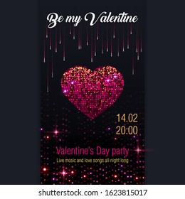 Be my Valentine vector banner template vertical with black background and glitter sparkles