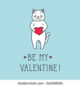 Be My Valentine! Vector doodle illustration of cute white cat holding a heart in his paws.