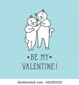 Be my Valentine. Vector doodle illustration of cute white cat couple.