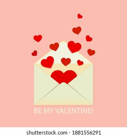 Be my Valentine vector greeting card. Love letter with flying hearts on pink background. Valentines paper envelope. Vector illustration.