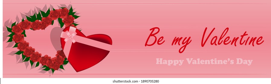 "Be my valentine" vector illustration for posters, greeting cards, brochure, website designing and banners. The design features wreath of roses and gift.