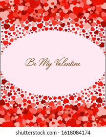 Be my valentine vertical greeting card with many red hearts and text on isolated background