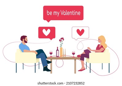 Be my Valentine. Young couple in love communicate with love words and online chatting. Happy Valentine's Day. Relationship, Love, Valentine's day, Romantic concept. Editrable vector illustration