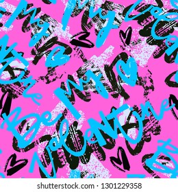 Be my Valentine.Hand drawn seamless typographic style funky t-shirt doodle print in graffiti urban style. Fashion style design for Happy Valentine's day 