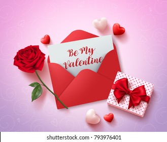 Be my valentines greeting card vector design with red love letter, rose, gift and hearts elements in pink pattern background for valentines celebration. Vector illustration.
