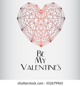 Be My Valentine's lettering with modern geometric red heart  on silver background. Vector illustration.
