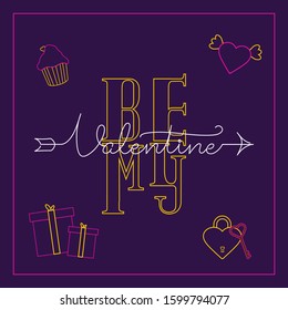 Sea mi mensaje de San Valentín Mensajes de texto con Line Art Love Angel, torta, cajas de regalo y corazón encerrado con llave en fondo morado.