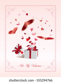 Be My Valentine-suprising gift box with defocused red heart shaped confetti jumping out like a jack in the box.Vector illustration.