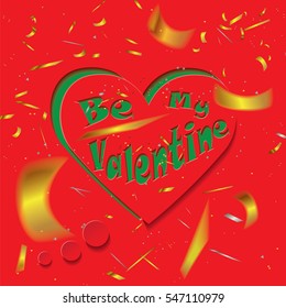 Be my Valentine-text in the red heart shaped cloud with bokeh golden confetti around.Vector illustration.