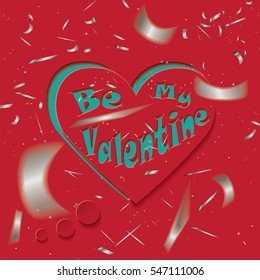 Be my Valentine-text in the red heart shaped cloud with bokeh silver confetti around.Vector illustration.