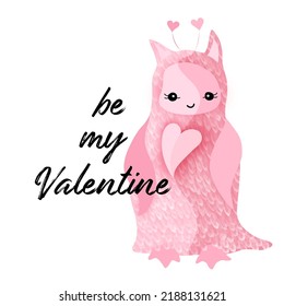 Be my Velantine vector card with fairytale girlfriend. Couple in love concept. Hearts. Mix of cat, owl and penguin. Pink Valentine's Day card. Kitty with heart. 