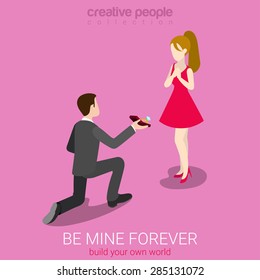 Be my wife concept flat 3d web isometric infographic concept vector. Young man on knee making proposal to red dress beauty girl. Creative people love romance collection.