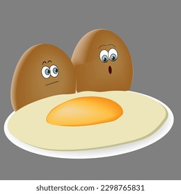 Be or Not To Be. Two Eggs Looking Sadly and at Their Fellow Egg Fried. Cartoon Vector Illustration