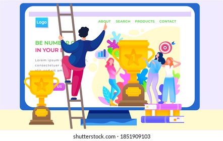 Be number one in your business, girls showing trophy got for winning first place. Trophy or award with foliage and target with arrow. Website or webpage template with a man climbing the stairs