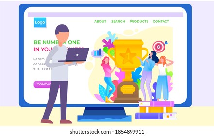 Be number one in your business, girls showing trophy got for winning first place. Trophy or award with foliage and target with arrow. Website or webpage template, landing page vector illustration