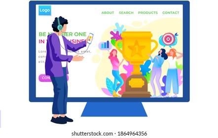 Be number one in your business, girls showing trophy got for winning first place. Trophy or award with foliage and target with arrow, prize for progress. Website or webpage template successful startup