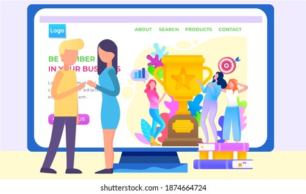 Be number one in your business, girls showing trophy got for winning first place. Trophy or award with foliage and target with arrow, prize for progress. Website or webpage template successful startup