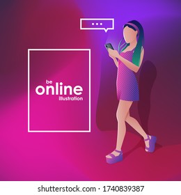 Be online illustration. Violet background with title. 