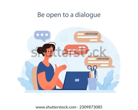 Be open to the dialog to deal with judgement at work. Employee dealing with pressure from manager, learning how to take constructive criticism. Flat vector illustration