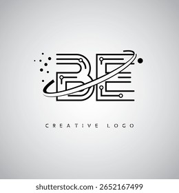 BE Orbit Monogram Logo – Futuristic Minimal Letter mark with Circular Line Art, Tech-Inspired Dots and Space Motion Concept for Modern Branding Identity