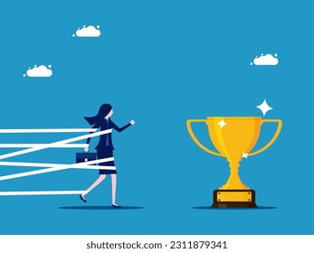 Be patient and try to succeed. Businesswoman tied up with tape and heading towards the trophy