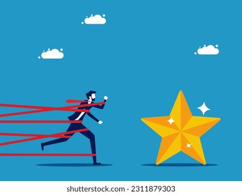 Be patient and try for success. Businessman tied up with tape and heading to grab stars