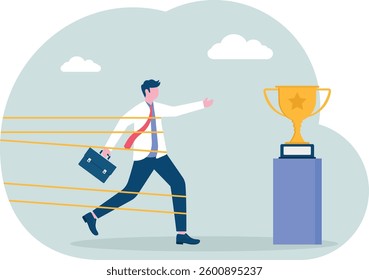 Be patient and try for success. Businessman tied up with tape and heading to grab trophy,

