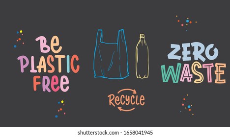 Be plastic free, zero waste, lettering eco poster, plastic bags, plastic bottle, plastic free