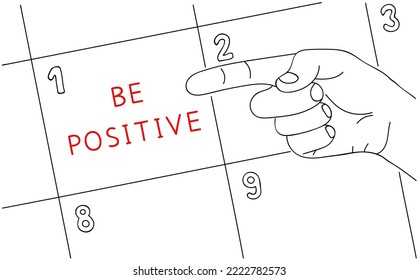 BE POSITIVE. Motivation message on paper. Positive slogan. Editable hand drawn contour. Sketch in minimalist style. Vector